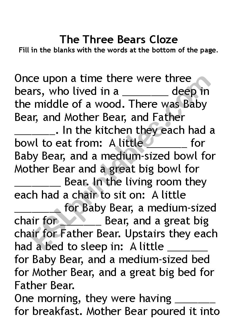 Goldilocks and the Three Bears Cloze and Sequencing Worksheets - ESL  worksheet by barbara.dobner