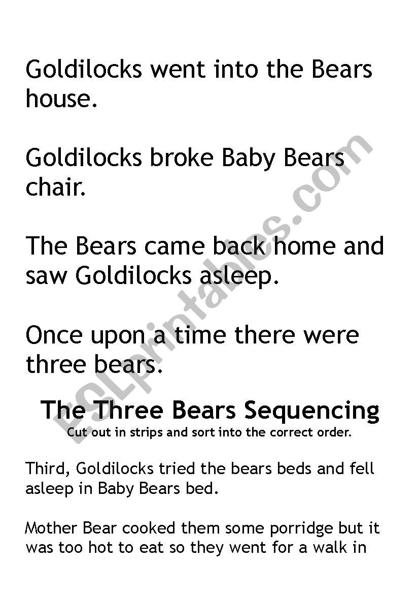 Goldilocks and the Three Bears Cloze and Sequencing Worksheets - ESL  worksheet by barbara.dobner