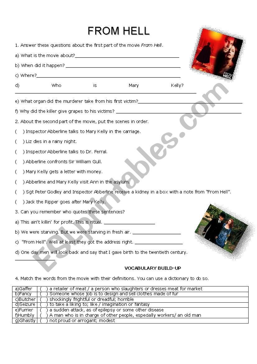 From Hell Movie activity worksheet