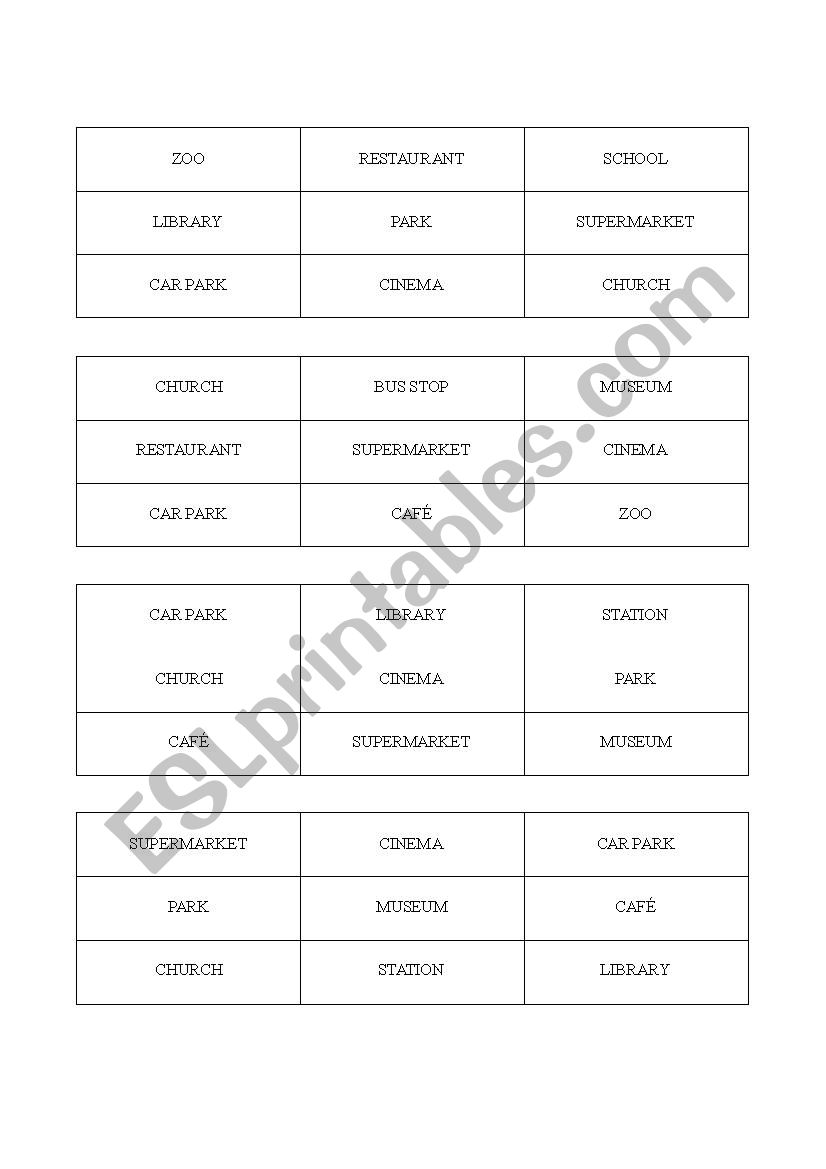 Bingo - Places in town worksheet