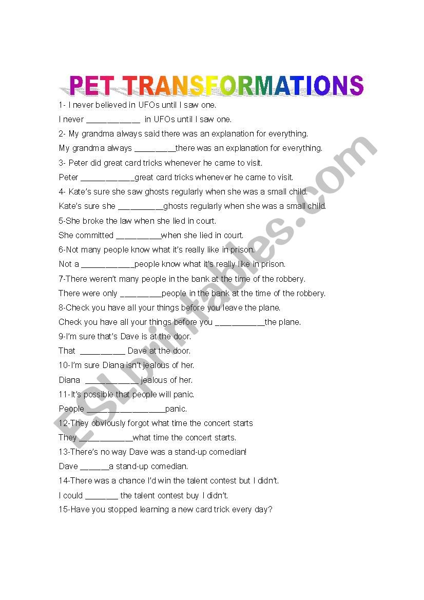 Pet Transformation worksheet