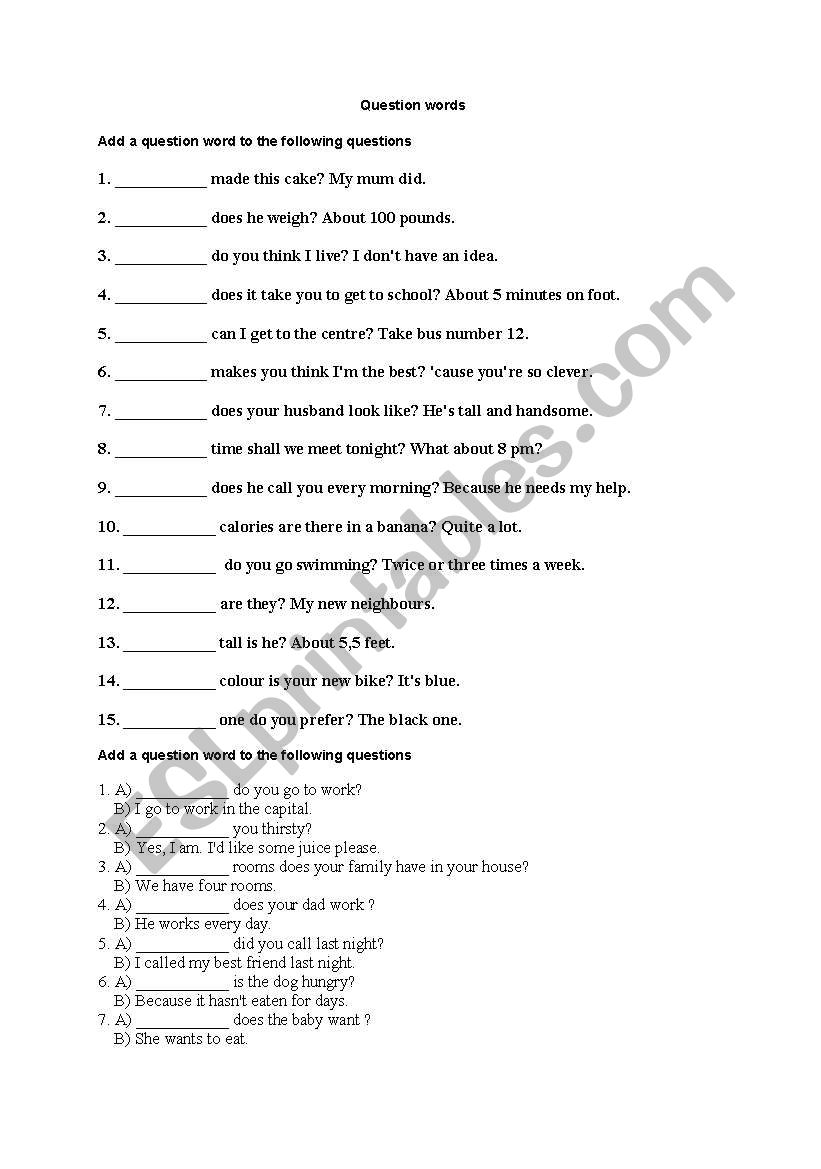 Question words worksheet