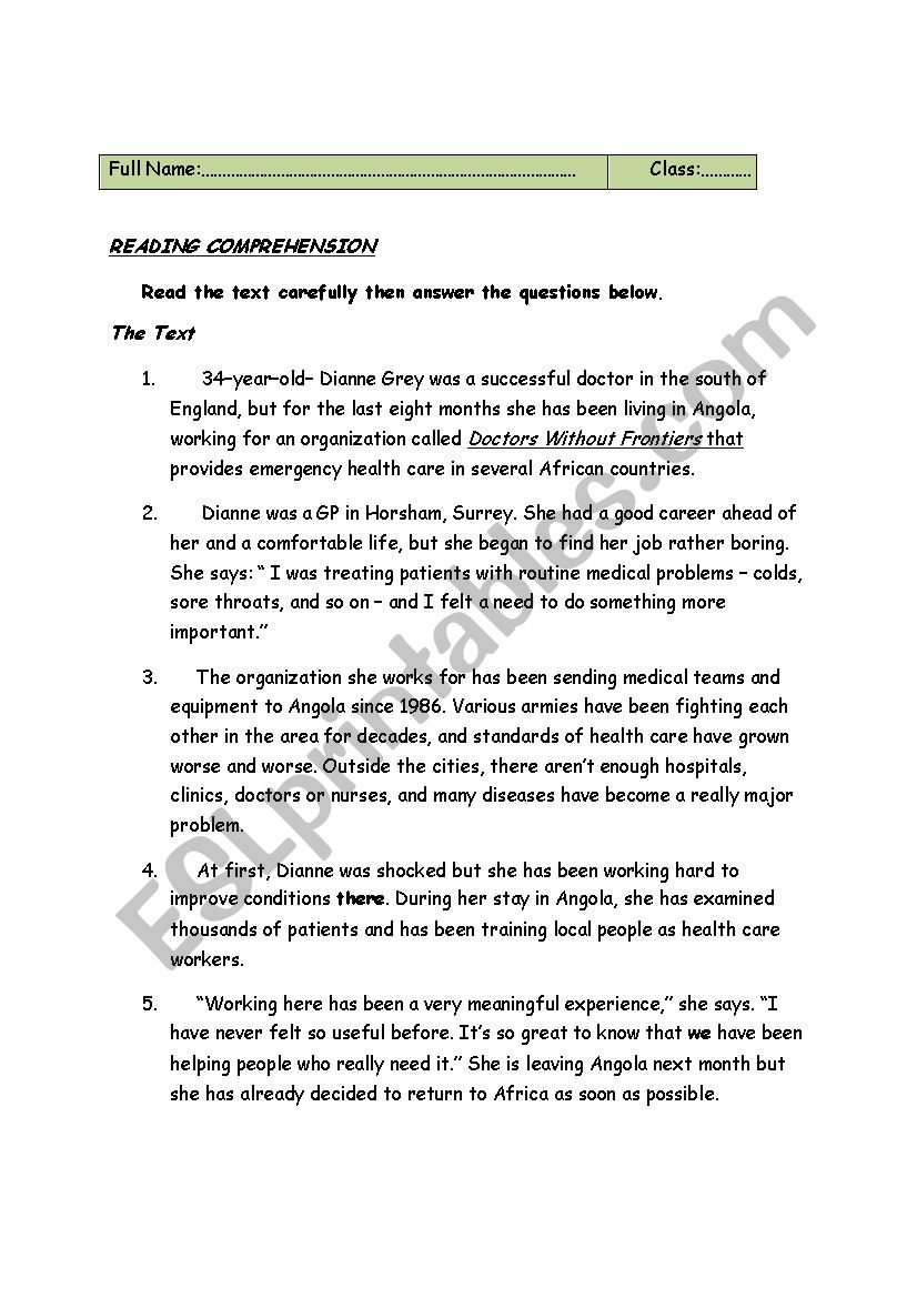 reading comprehension worksheet