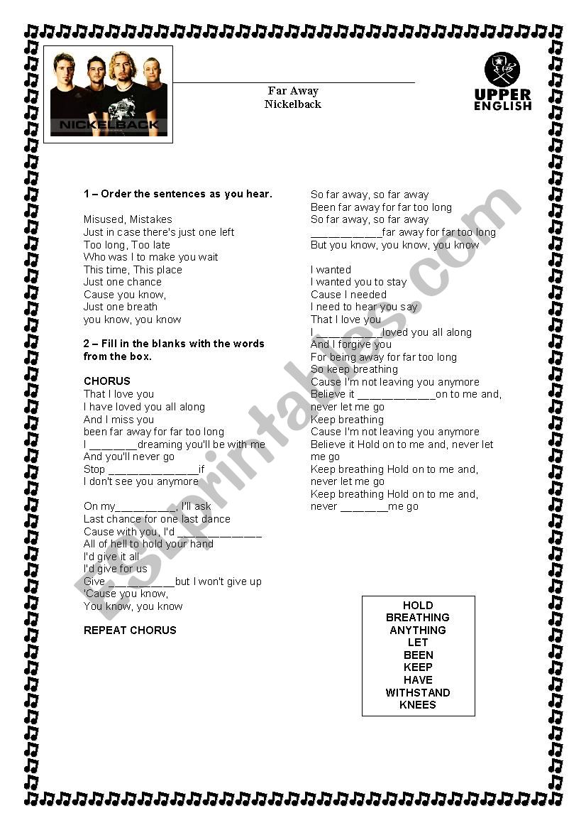 far away song worksheet