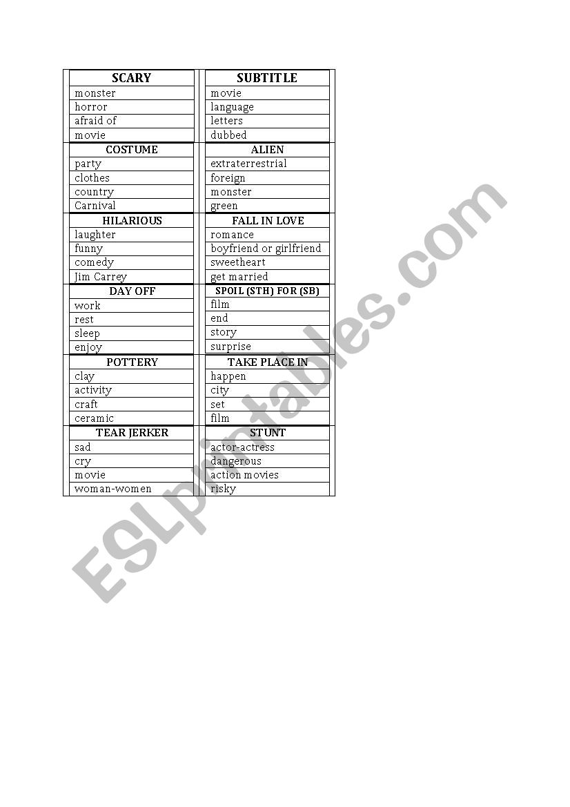 TABOO worksheet