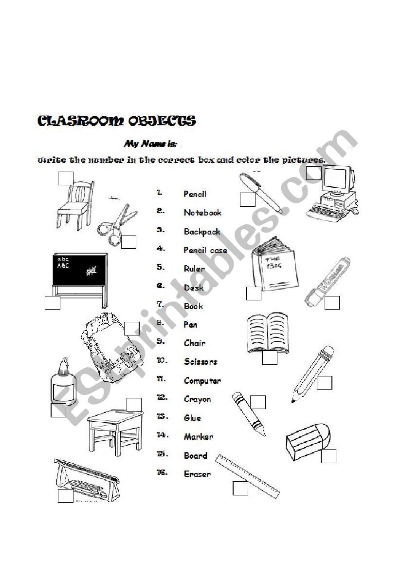 clasroom objects worksheet
