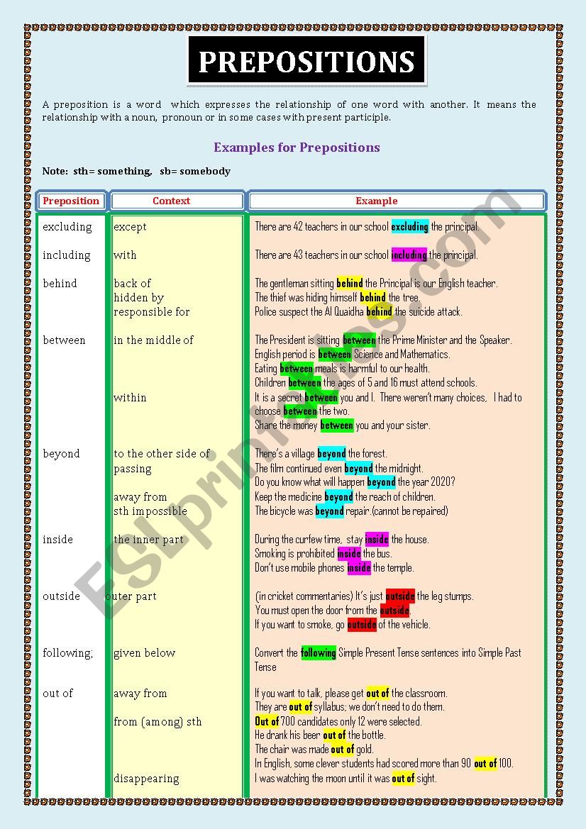 Prepositions Sheet - 05 worksheet