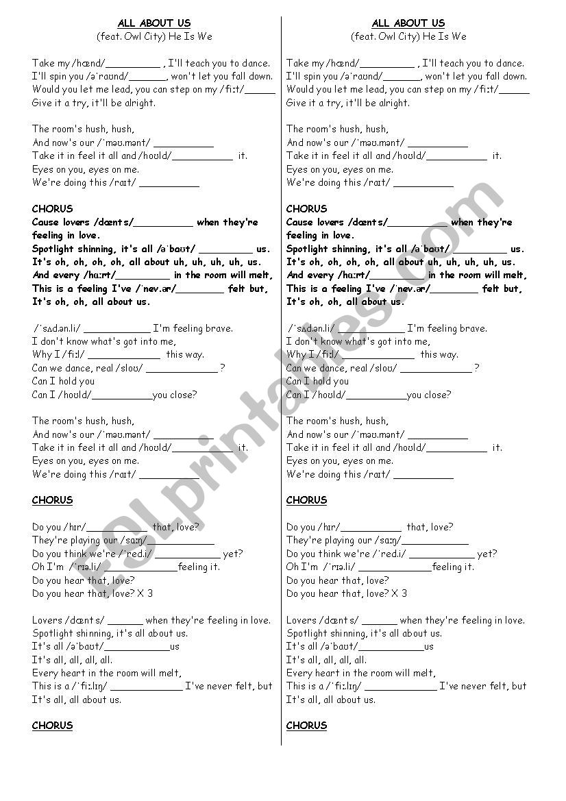 All about us - song activity worksheet