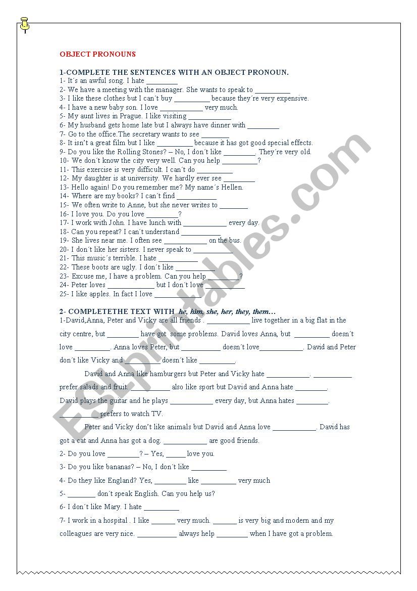 Object pronouns worksheet