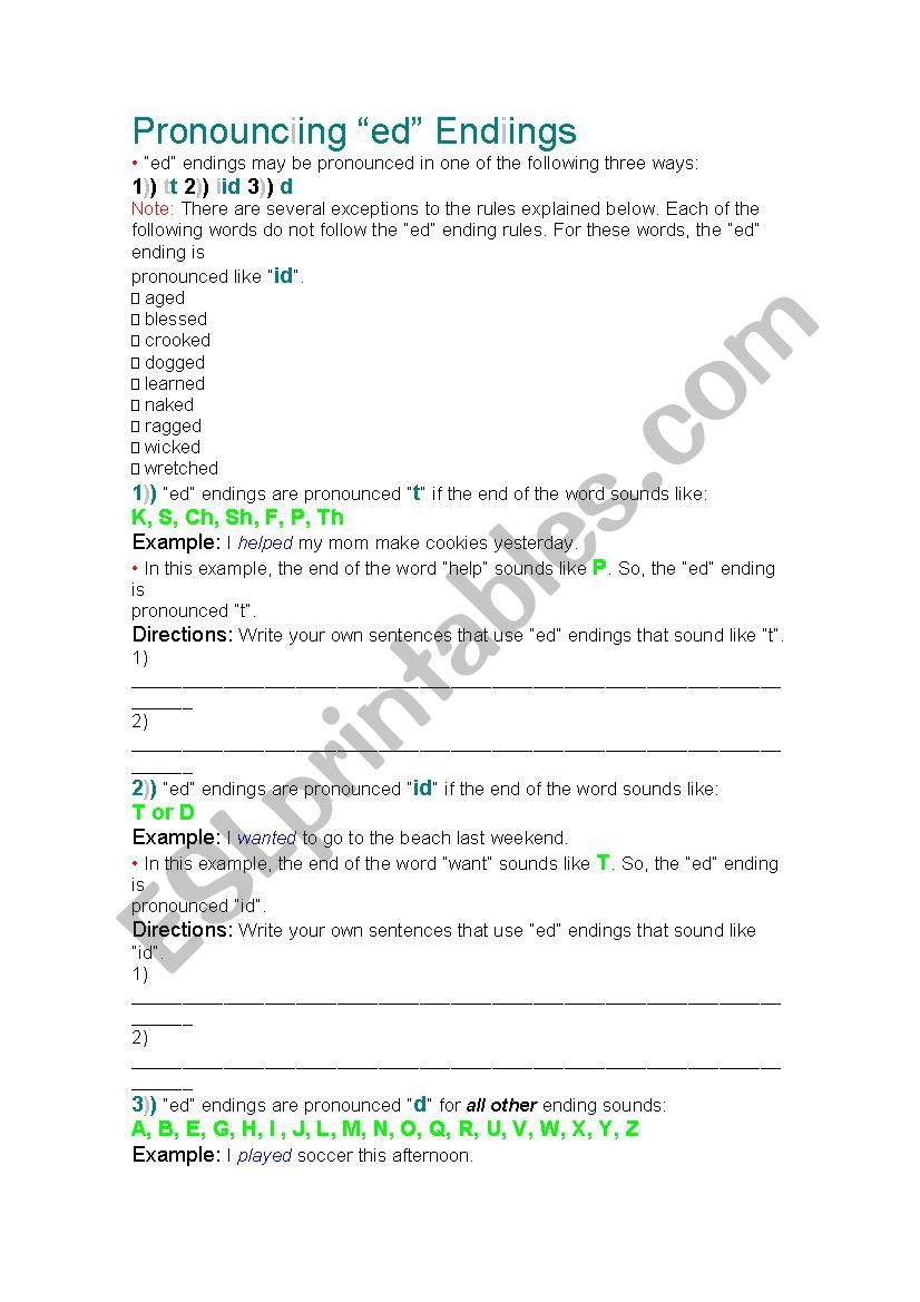 Pronouncing ED ends worksheet