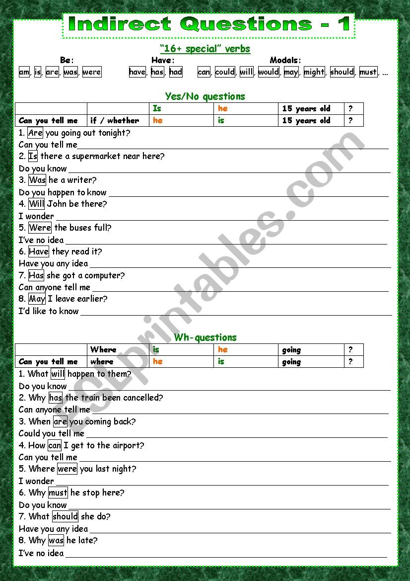 Indirect Questions. Part 1. worksheet