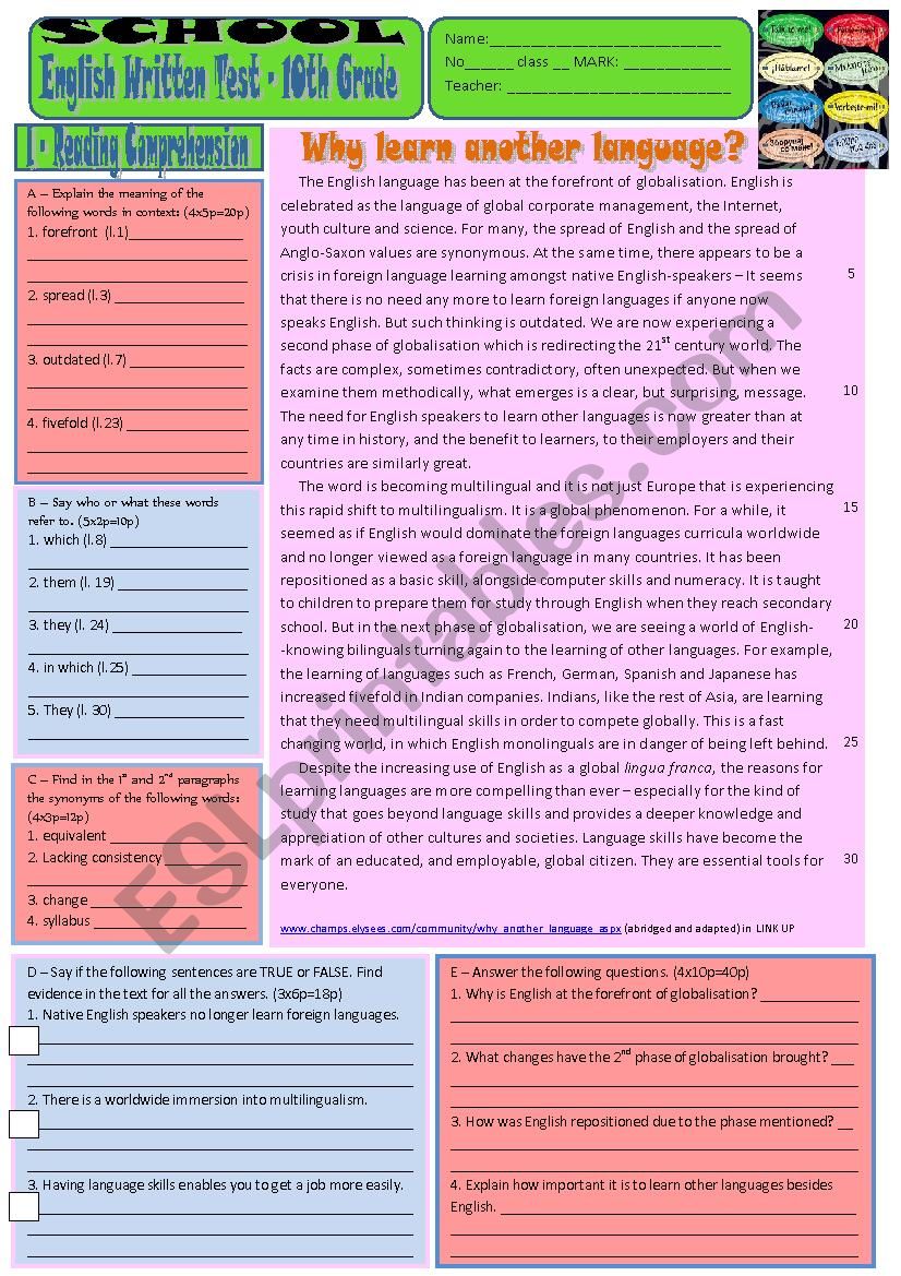 Reading-Comprehension test - Why learn another language