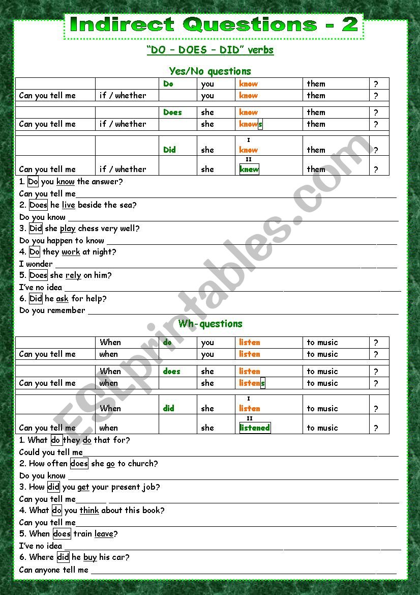 Indirect Questions. Part 2. worksheet