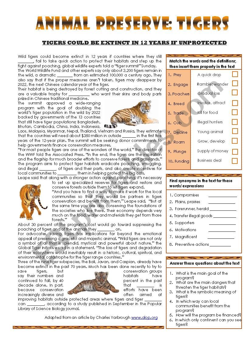ANIMAL PRESERVE: TIGERS worksheet