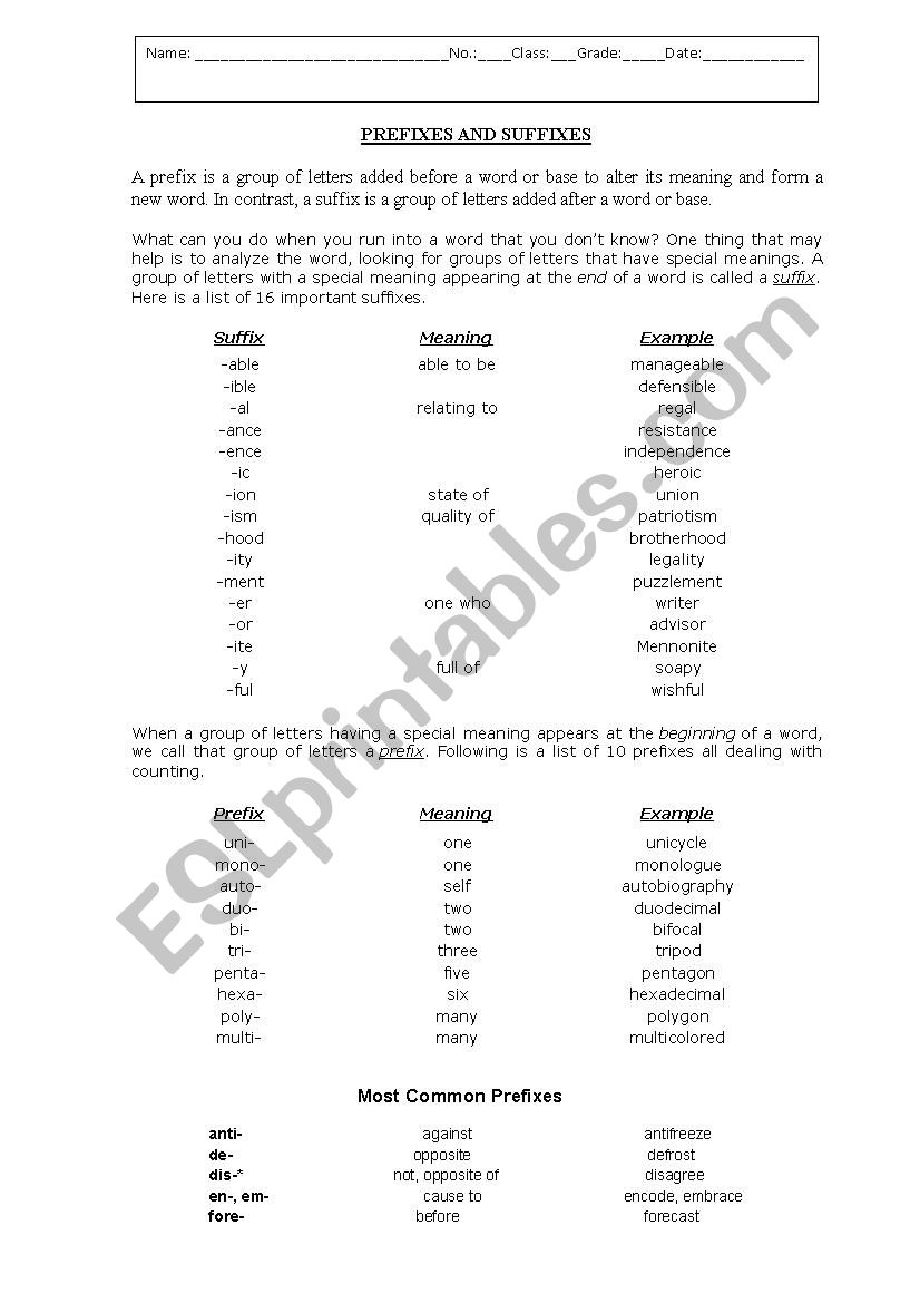 Prefixes and Suffixes worksheet