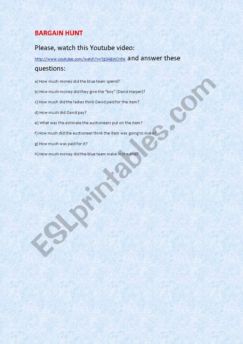 Bargain Hunt - Numbers worksheet