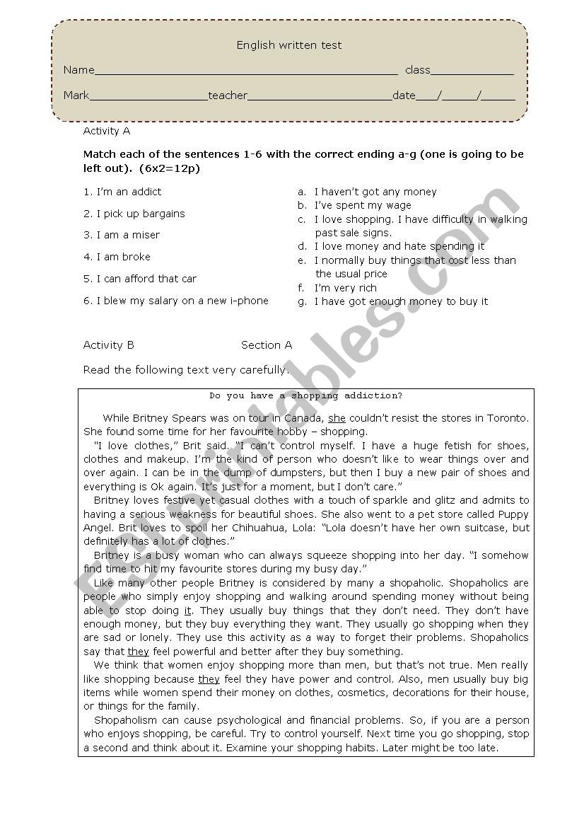 test - shopping addiction worksheet