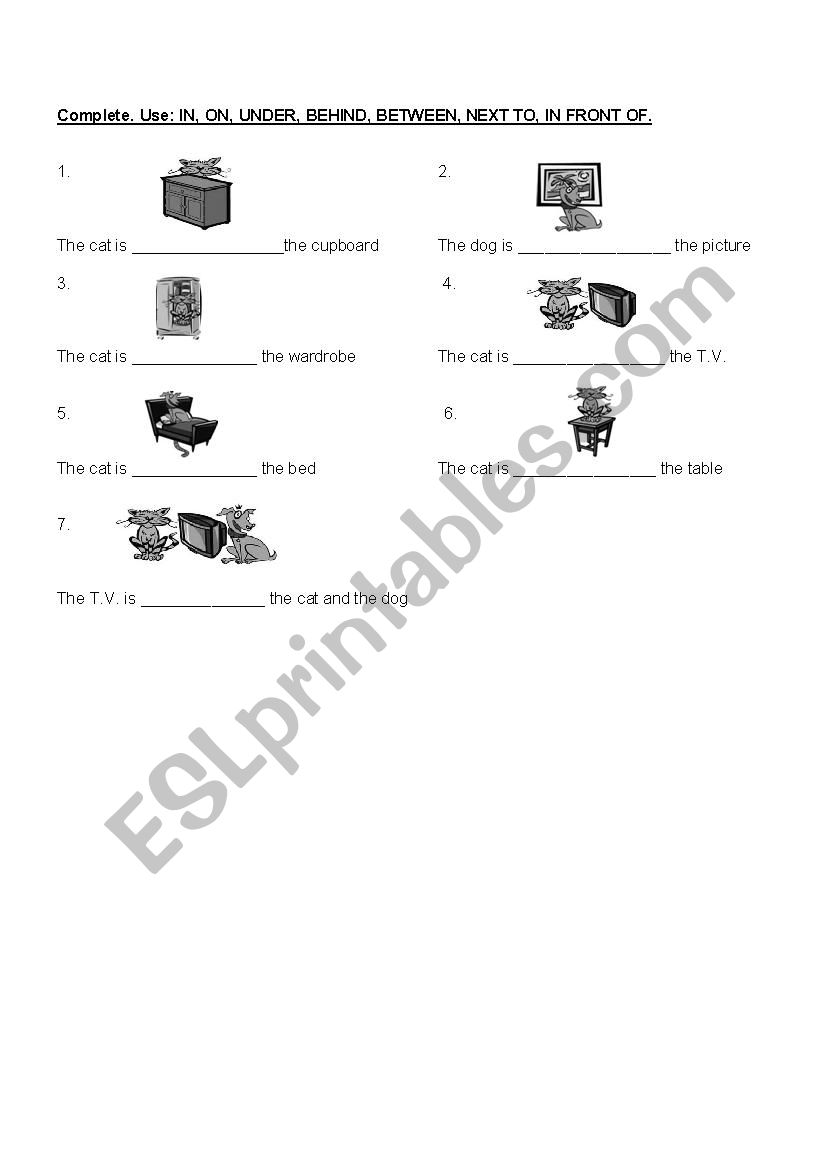 Prepositions: IN, ON, UNDER, IN FRONT OF, BEHIND, BETWEEN, NEXT TO