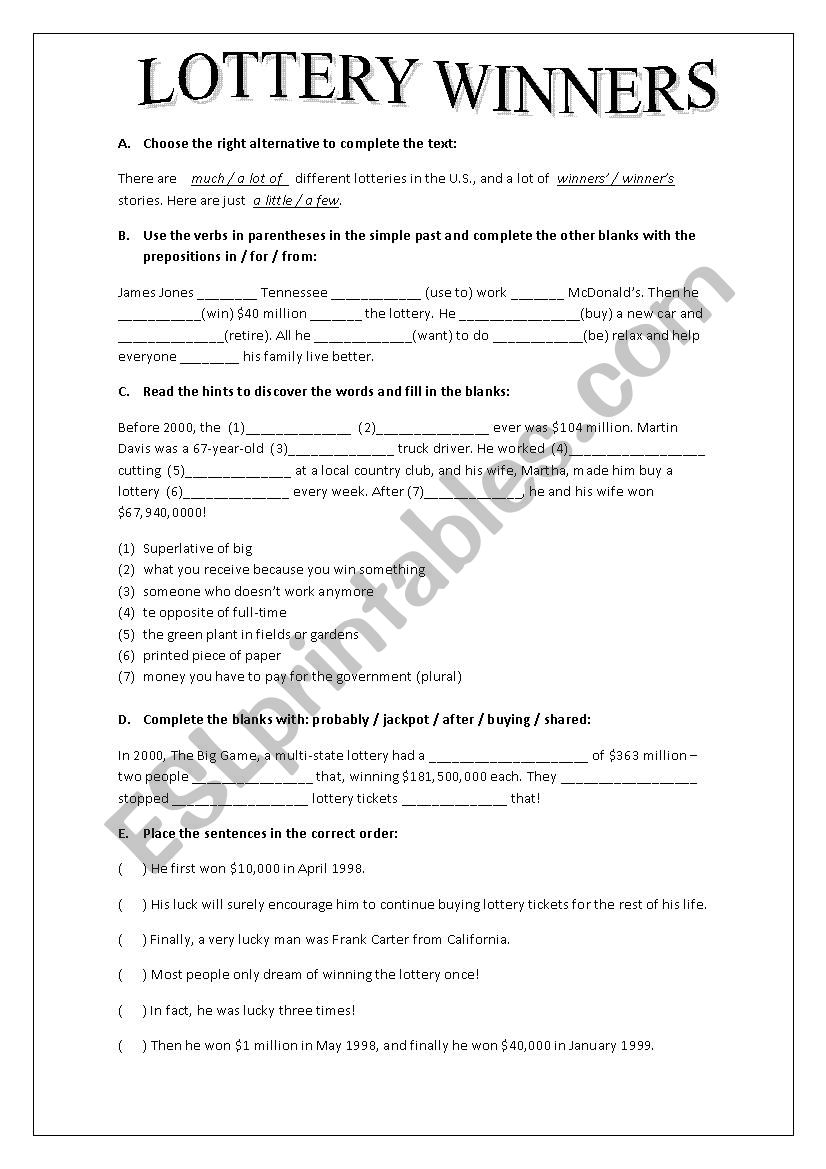 LOTTERY WINNERS worksheet