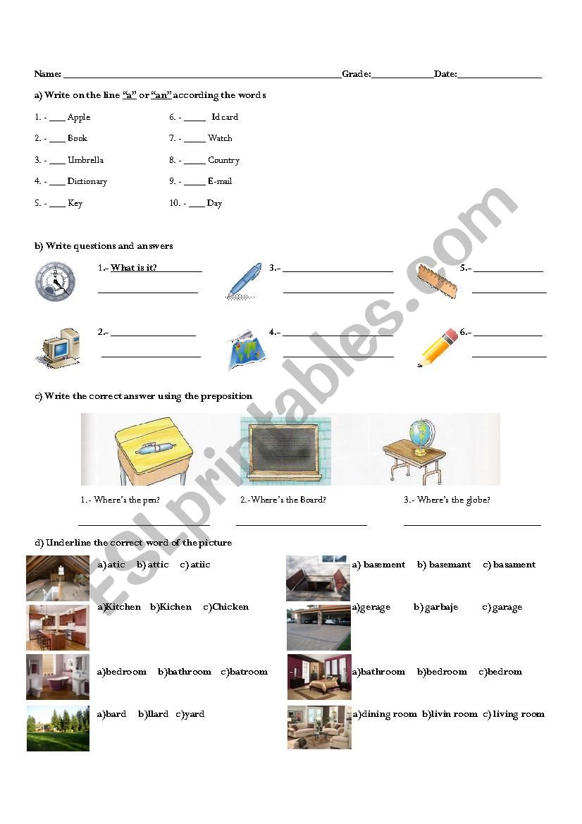 Classroom Objects and Rooms of the House Test