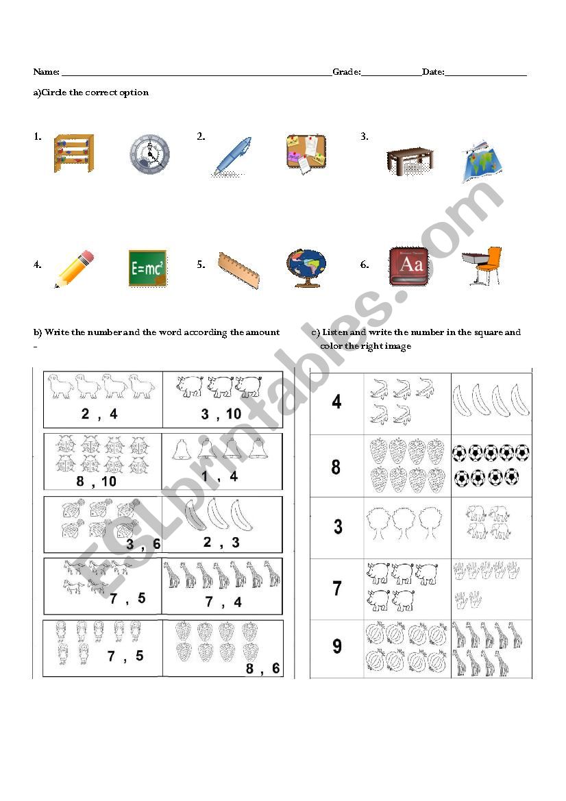 Classroom Objects and Numbers Test