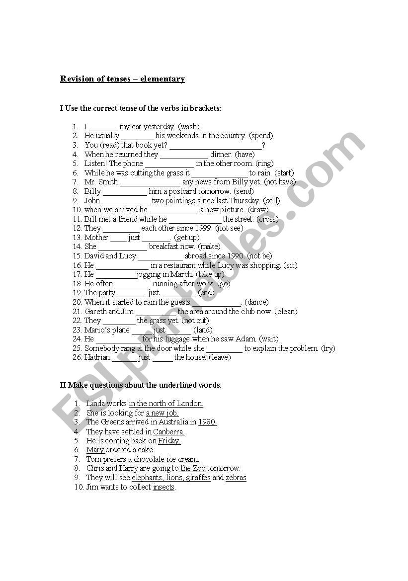 Tense Revision Worksheet worksheet