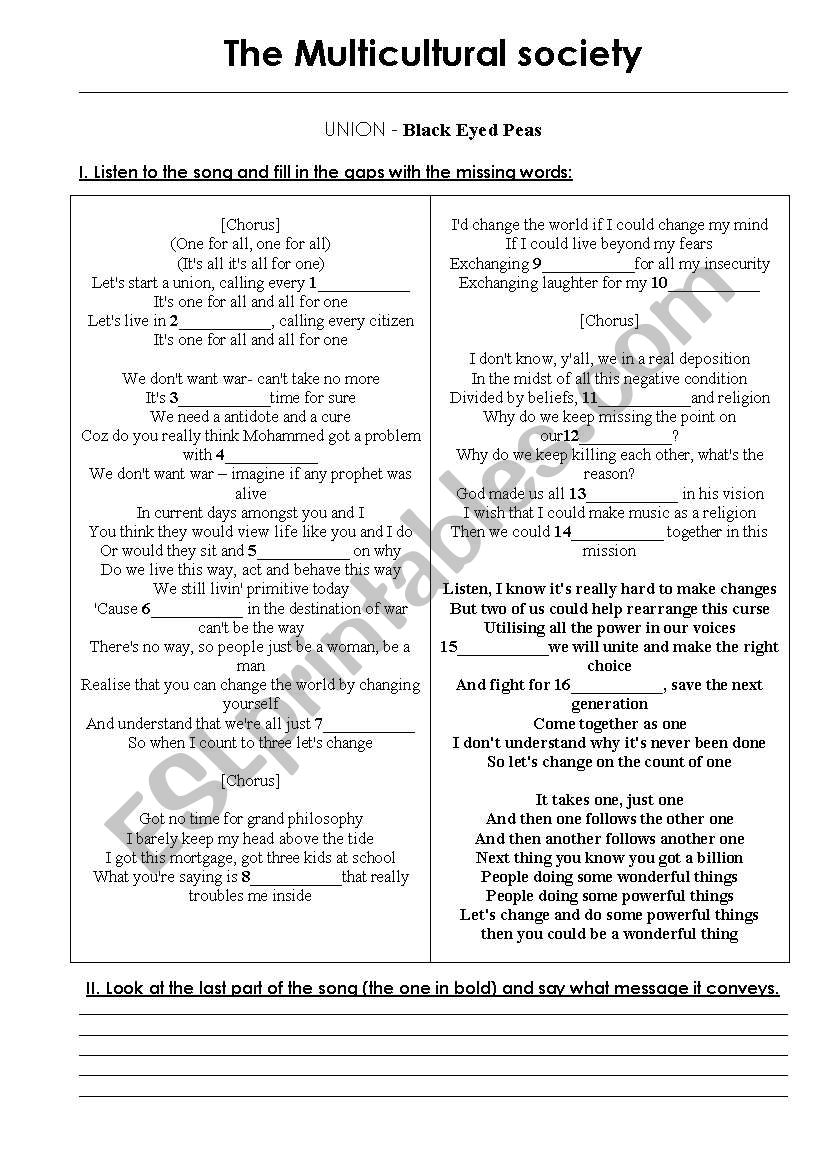 union (Song BEP)  worksheet