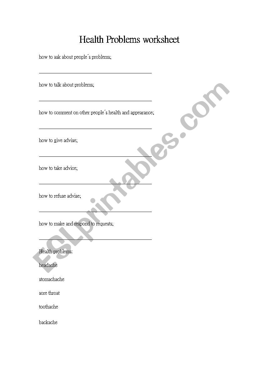 Health Problems worksheet worksheet