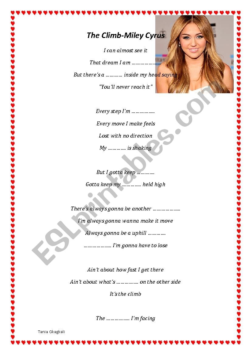 The climb song by Miley Cyrus worksheet