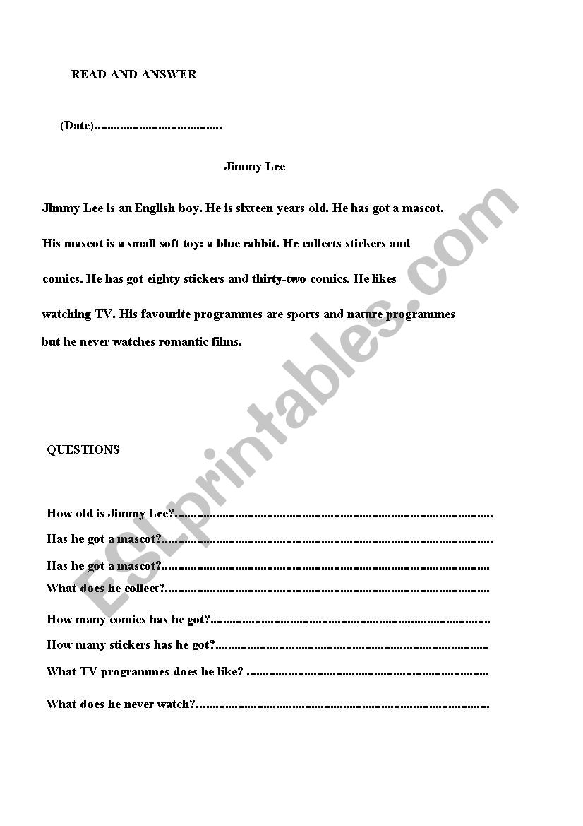 Jimmy Lee - Read and answer worksheet
