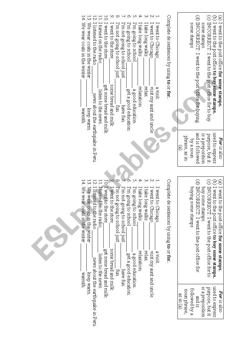 Grammar - To and For worksheet