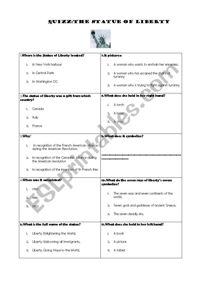 QUIZZ THE STATUE OF LIBERTY worksheet