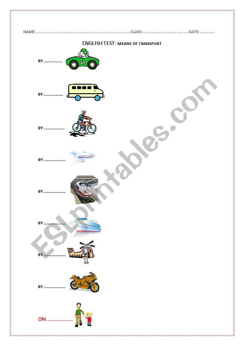 test on means of transport worksheet