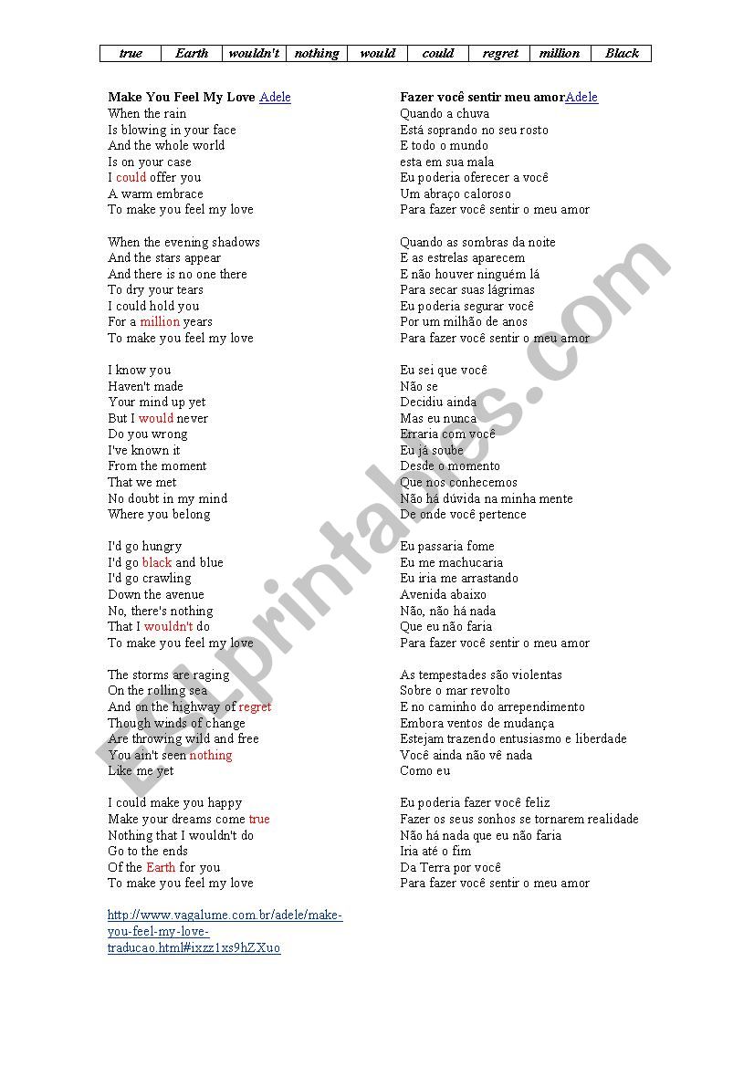 Adele - Make You Feel My Love - ESL worksheet by estevao