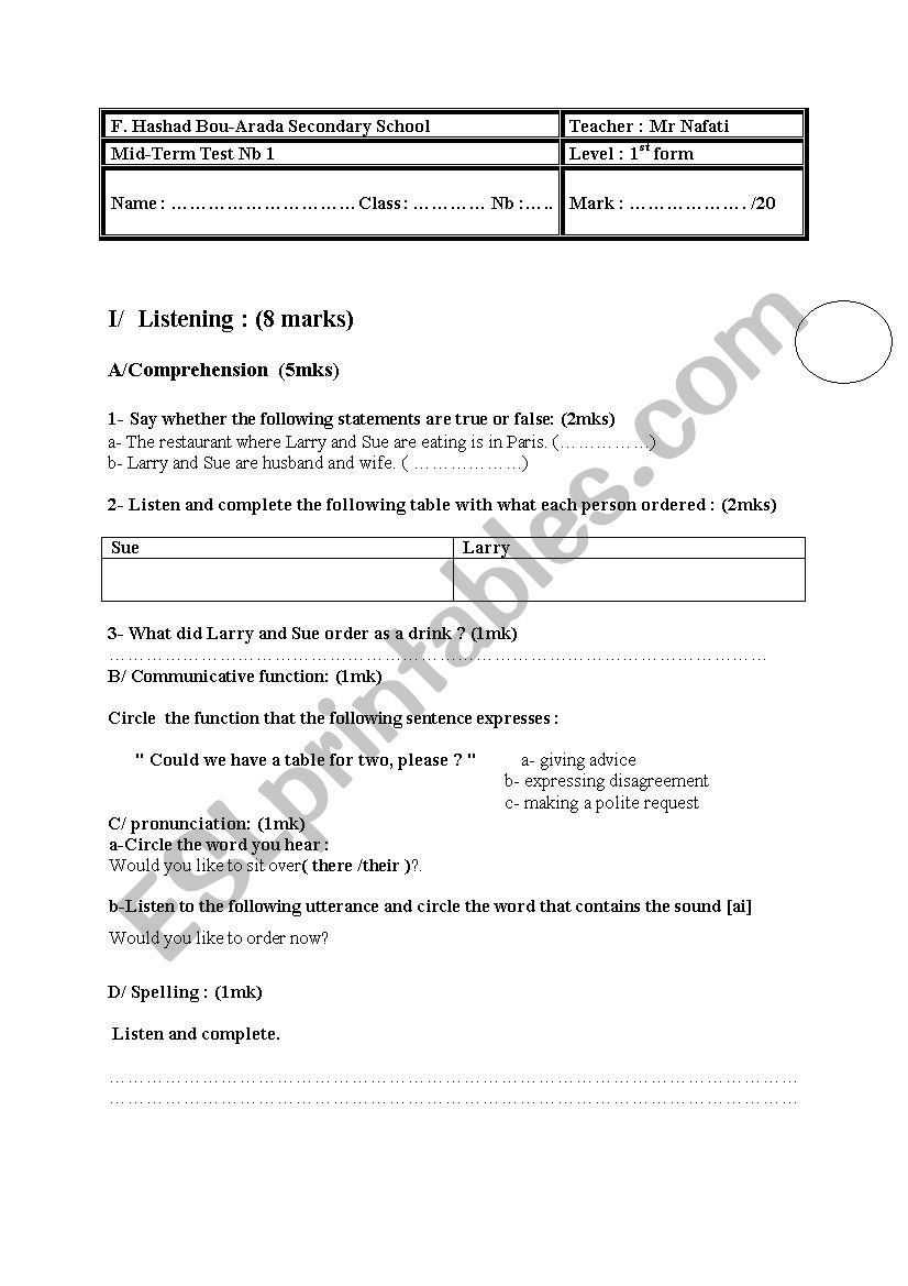 Mid term test nb1 for the first grade