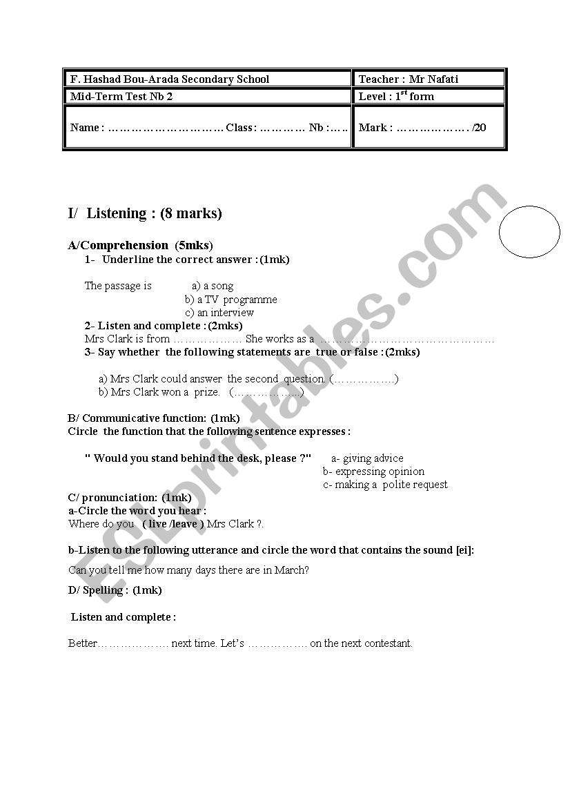 test nb1 for the first form worksheet