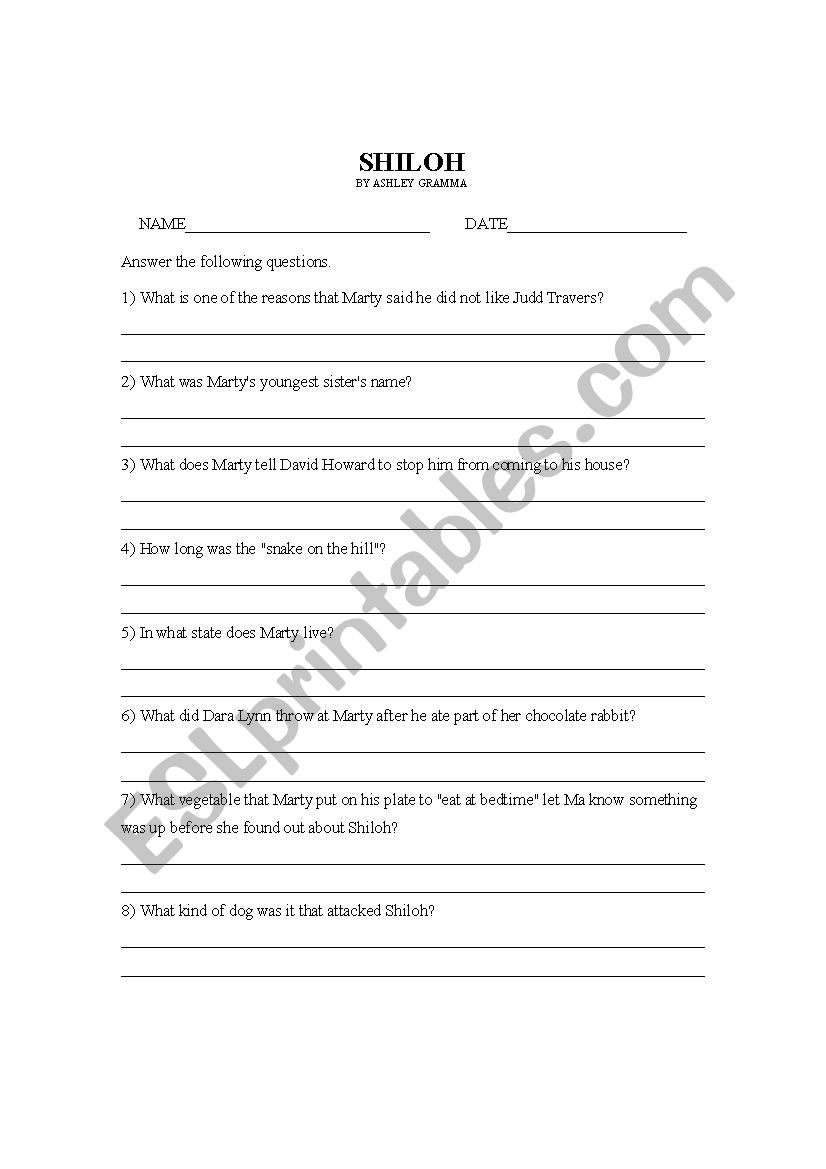 Shiloh Test worksheet