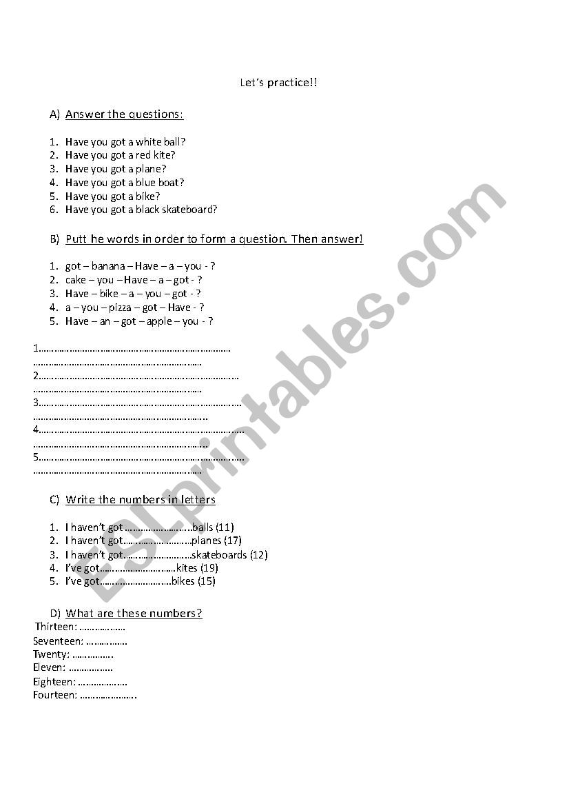 numbers and have got worksheet