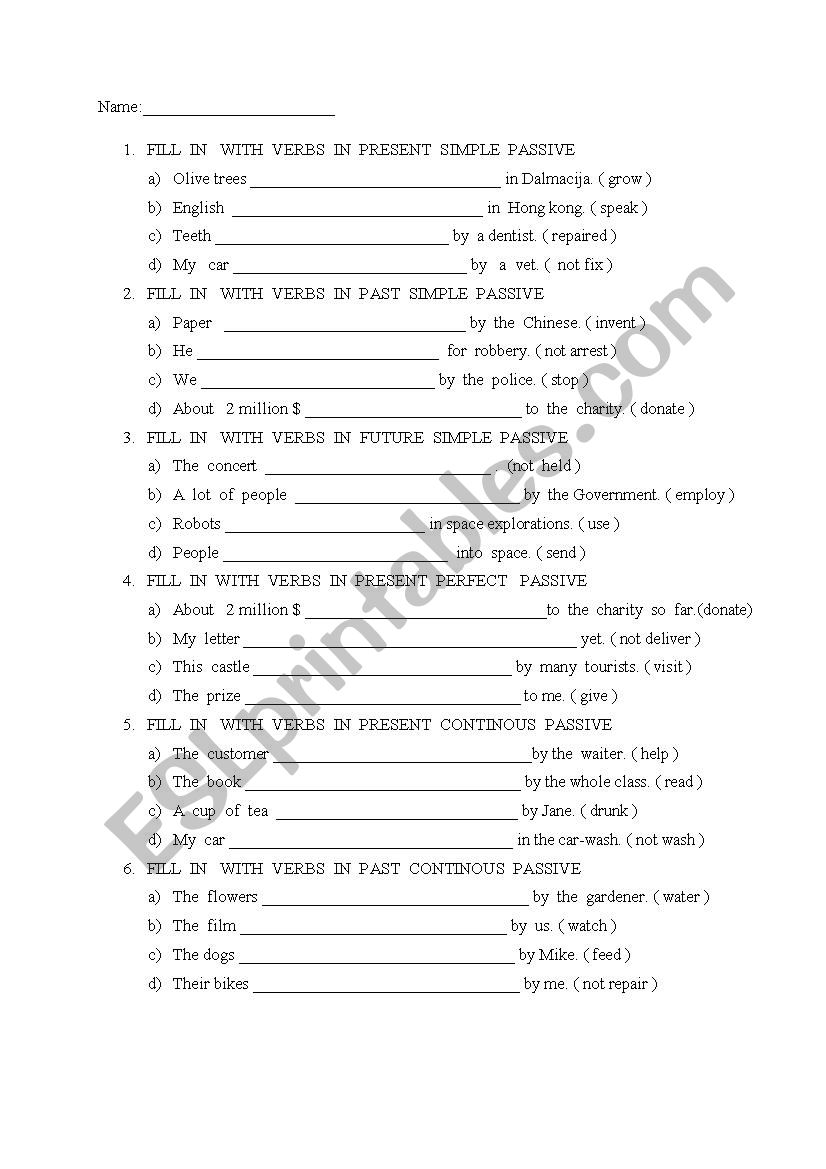 passive  worksheet