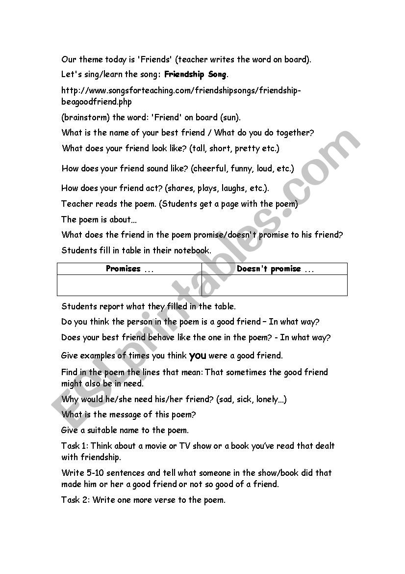 Frienship worksheet