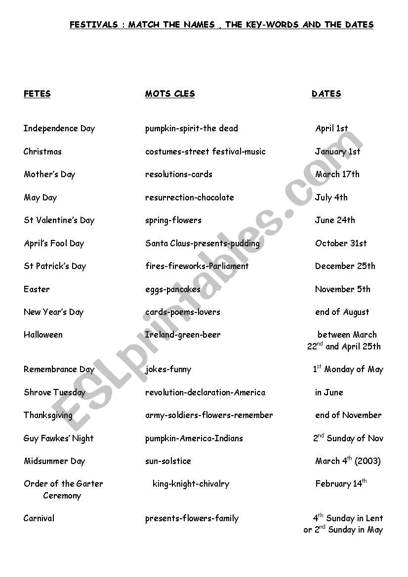 Festivals worksheet