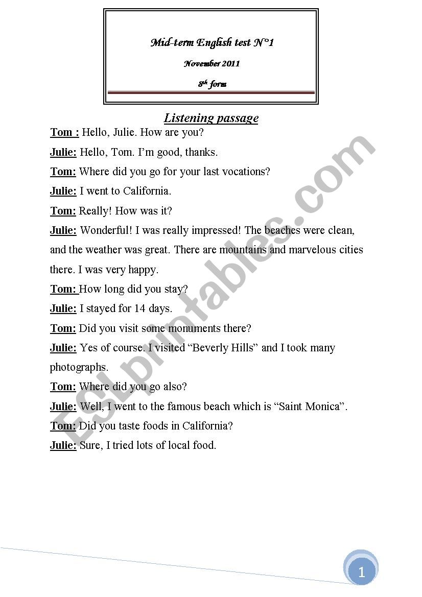 Mid Term English Test NÂ°1 for 8th form