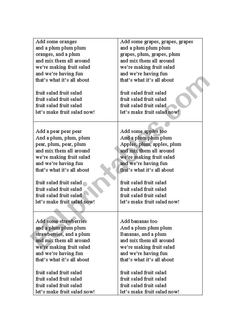 Fruit Salad - a song-based activity card for pairwork/ groupwork