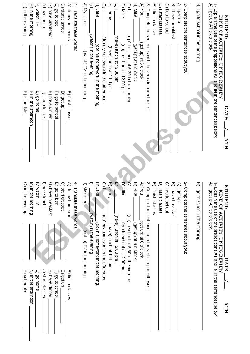 ENGAGE 6TH GRADE UNIT 6 REVIEW SIMPLE PRESENT ROUTINES AND PREPOSITIONS IN, AT