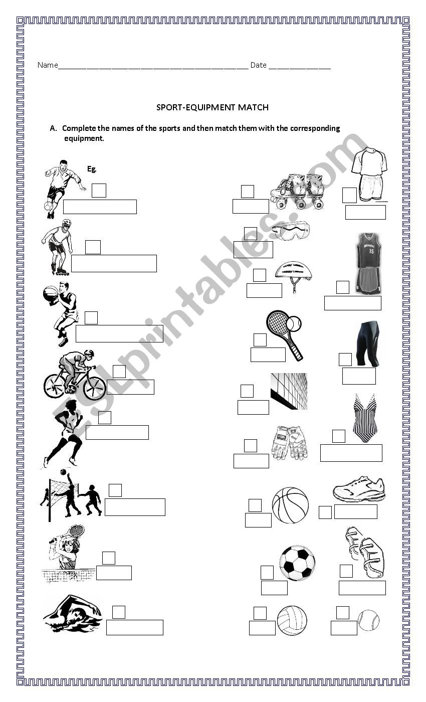 Sports and equipment worksheet