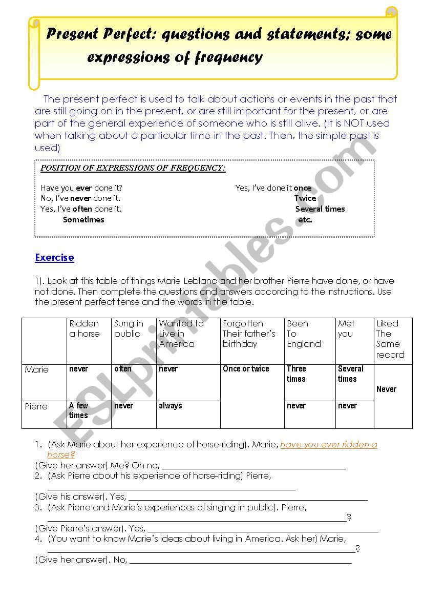 present perfect :) worksheet