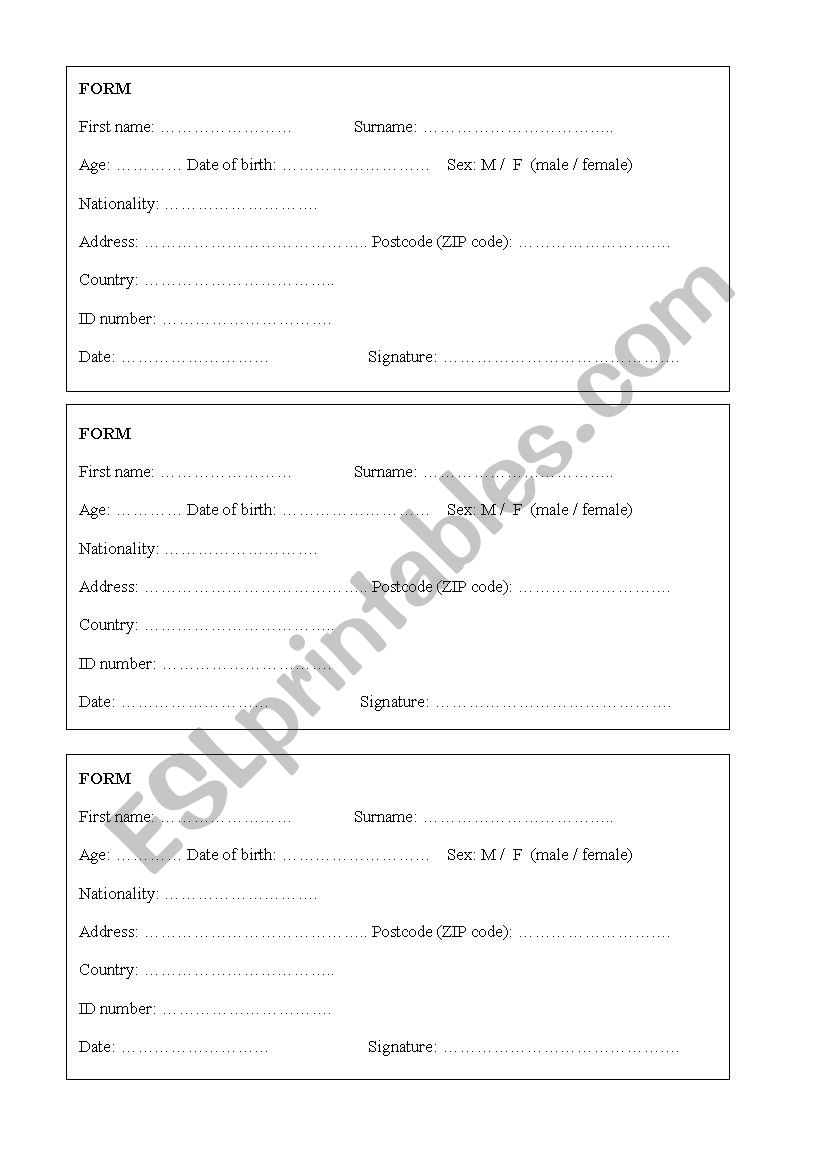 personal information worksheet