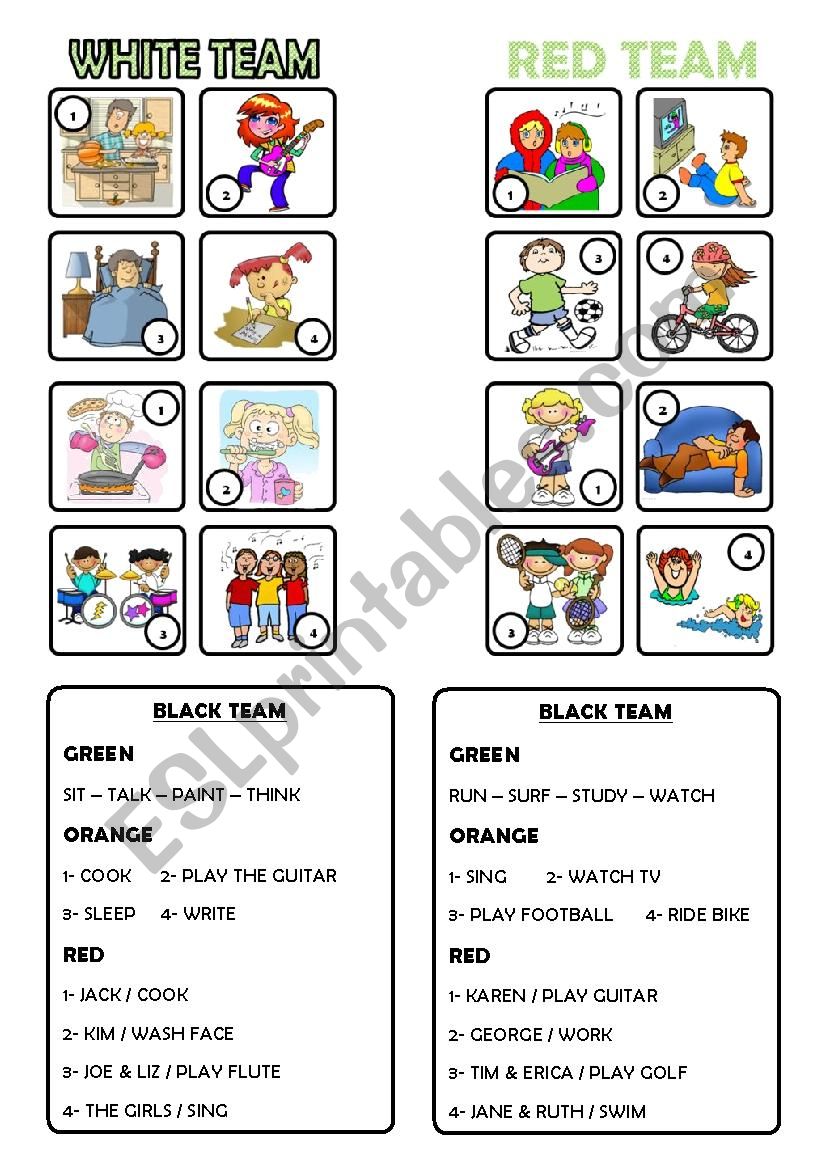 TEAM CARDS +  PICTURE CARDS (NEEDED FOR THE PRESENT CONTINUOUS SMARTBOARD BOARD GAME)