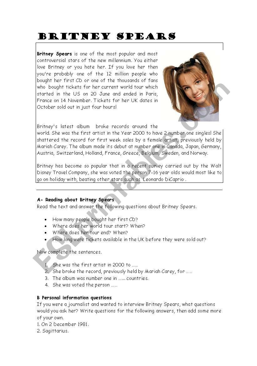 BRITNEY SPEARS worksheet