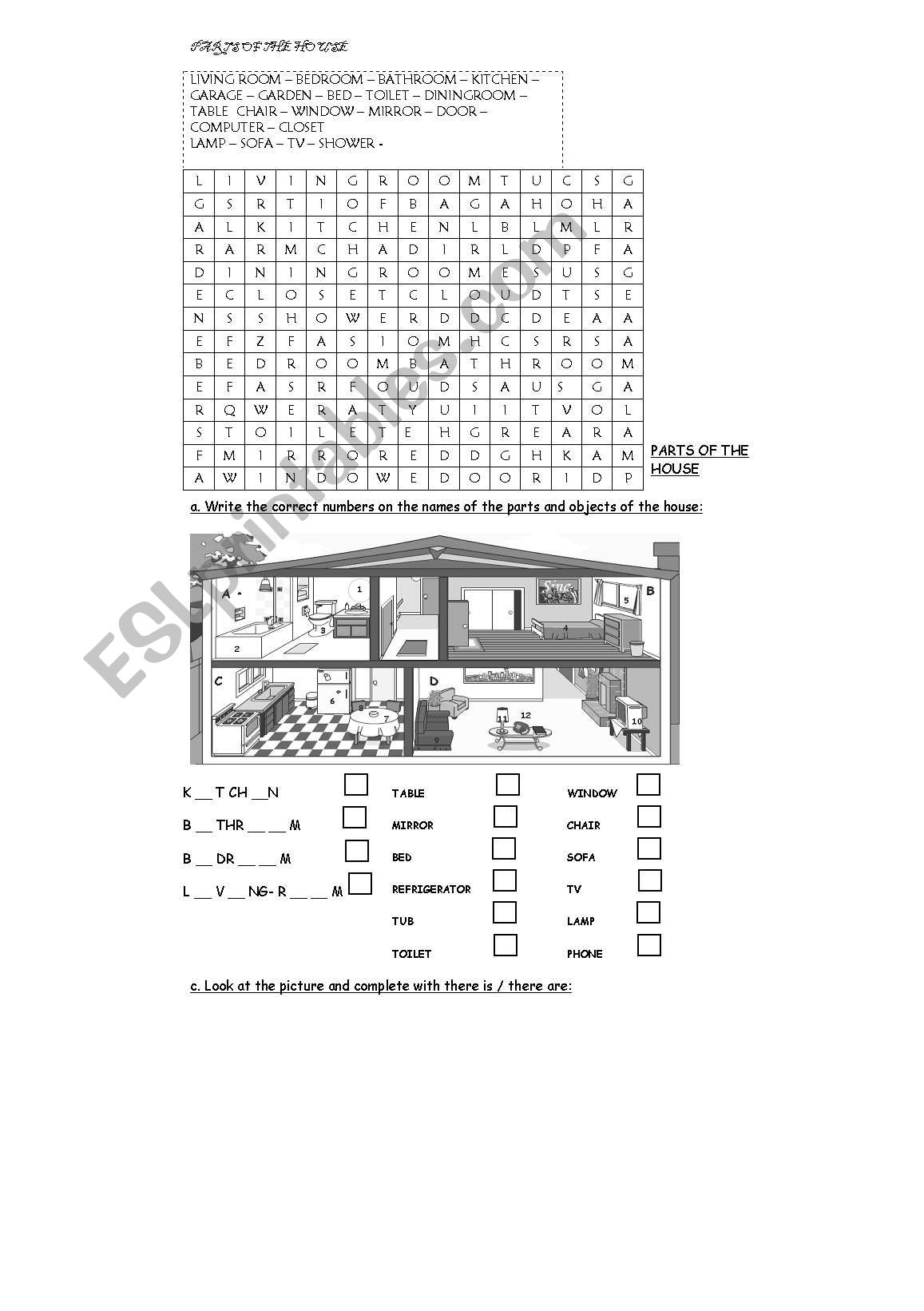 parts of the house worksheet